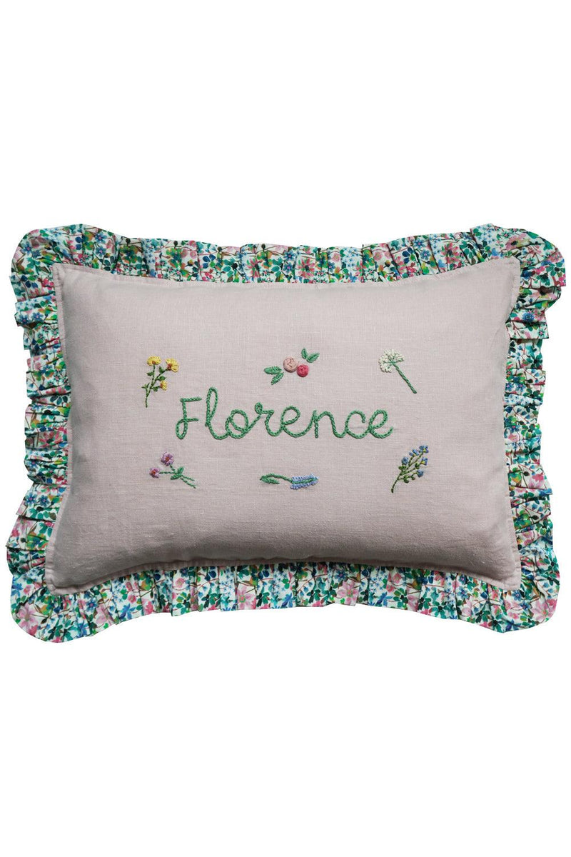 Coco & Wolf x Polly Wren Studios Embroidered Oblong Cushion made with Liberty Fabric DREAMS OF SUMMER