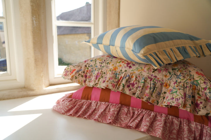 Oblong Ruffle Cushion made with Liberty Fabric VACATION STRIPE & SAMBOURNE