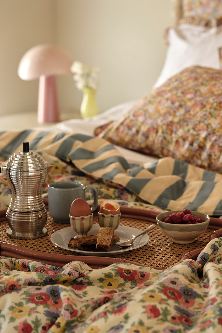 Reversible Ruffle Edge Bedspread made with Liberty Fabric VACATION STRIPE & MADELEINE