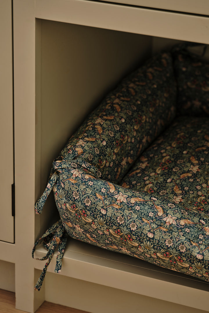 Square Tie-Corner Pet Bed made with Liberty Fabric STRAWBERRY THIEF