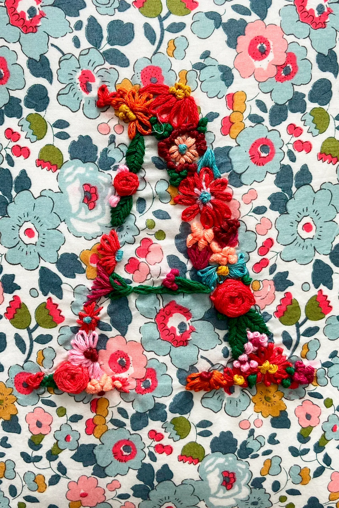 Coco & Wolf x Polly Wren Studios Letter A Embroidered Ruffle Cushion made with Liberty Fabric BETSY GREY & BETSY STAR