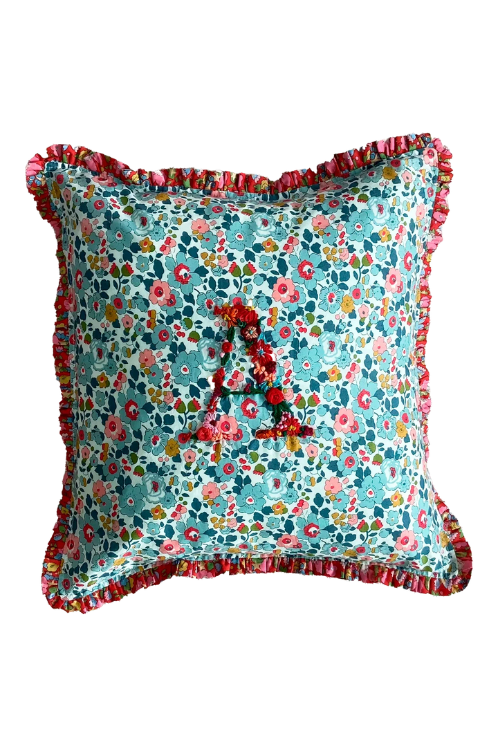 Coco & Wolf x Polly Wren Studios Letter A Embroidered Ruffle Cushion made with Liberty Fabric BETSY GREY & BETSY STAR