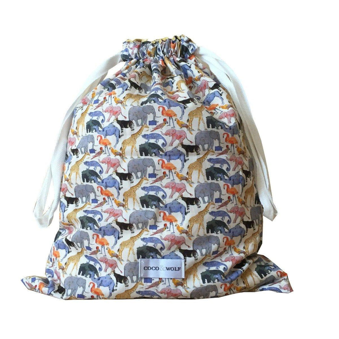 Drawstring Bag made with Liberty Fabric QUEUE FOR THE ZOO - Coco & Wolf