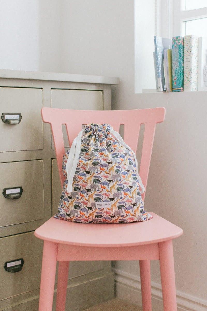 Drawstring Bag made with Liberty Fabric QUEUE FOR THE ZOO - Coco & Wolf