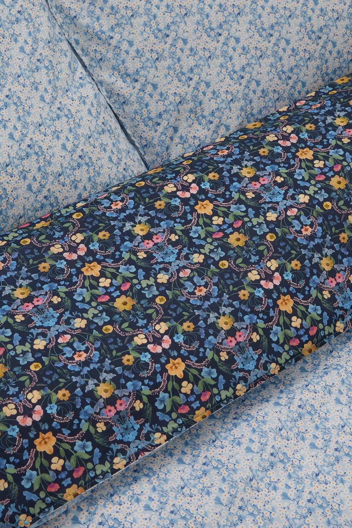 Bedding made with Liberty Fabric MITSI VALERIA BLUE & AURORA