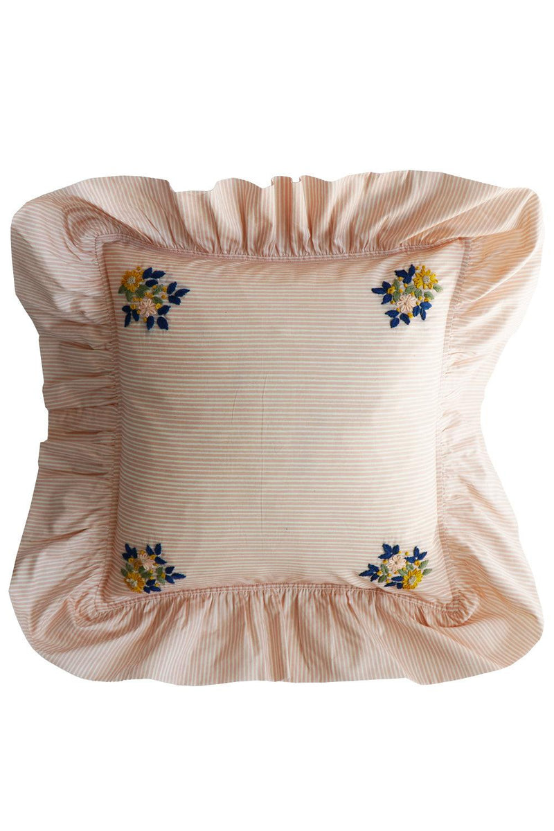 Embroidered Ruffle Cushion made with Striped Liberty Fabric ELEMENTS PINK - Coco & Wolf