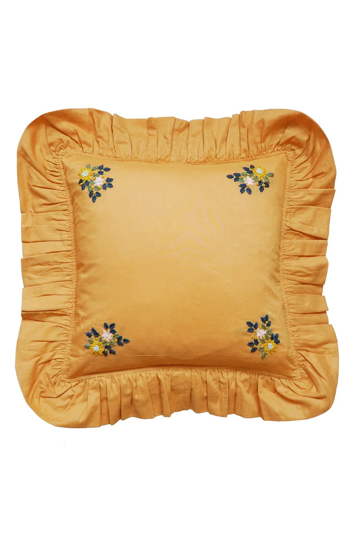Embroidered Ruffle Cushion made with Linen Liberty Fabric TURMERIC