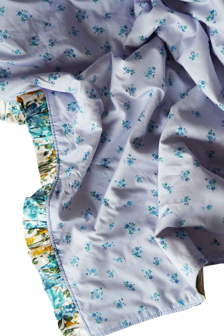 Bridgerton Reversible Ruffle-Edge Bedspread made with Liberty Fabric BOW BOUQUET GOLD & POSEY CORSAGE BLUE