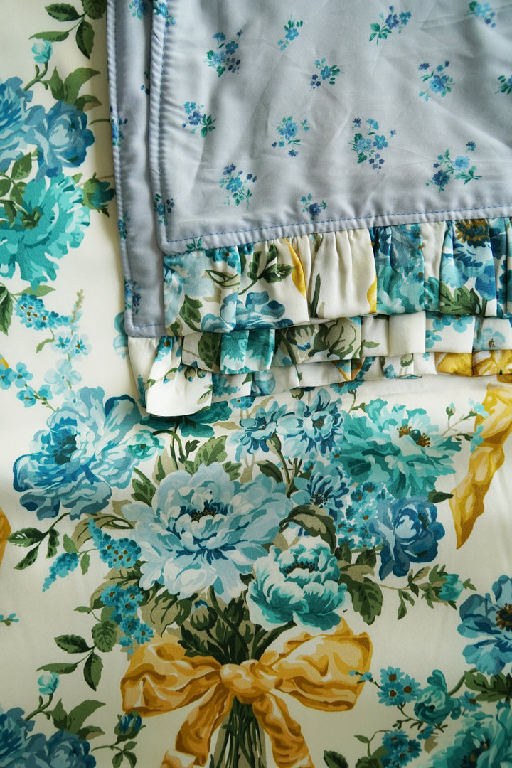 Bridgerton Reversible Ruffle-Edge Bedspread made with Liberty Fabric BOW BOUQUET GOLD & POSEY CORSAGE BLUE