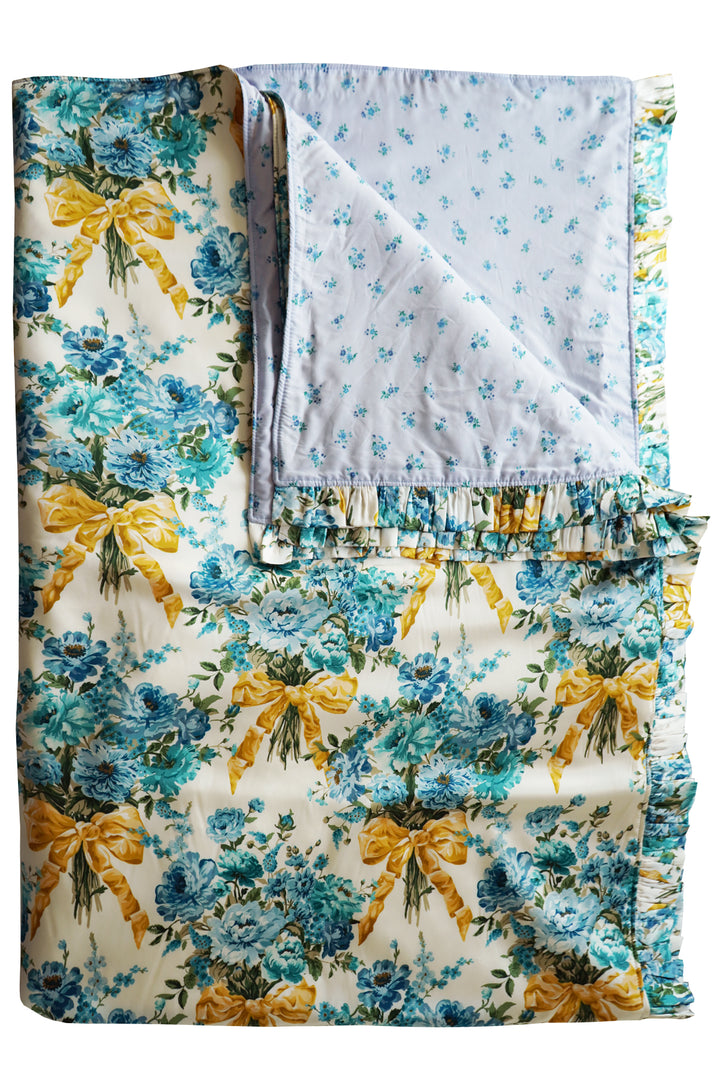 Bridgerton Reversible Ruffle-Edge Bedspread made with Liberty Fabric BOW BOUQUET GOLD & POSEY CORSAGE BLUE