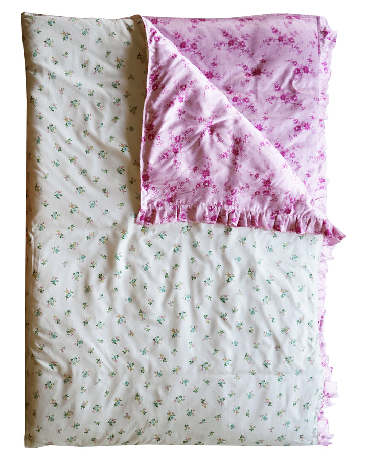 Bridgerton Reversible Ruffle Edge Heirloom Quilt made with Liberty Fabric AMELIE LUISE PINK & POSEY CORSAGE YELLOW