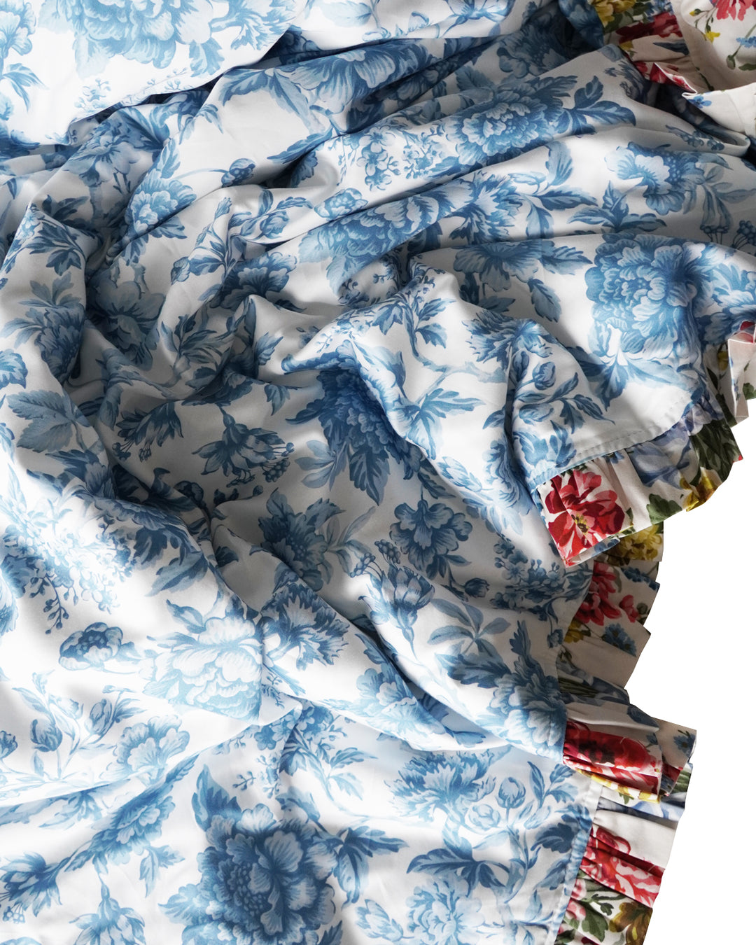 Bridgerton Reversible Ruffle-Edge Heirloom Quilt made with Liberty Fabric BOW BOUQUET BLUE & REGENCY TRAIL CHINA BLUE