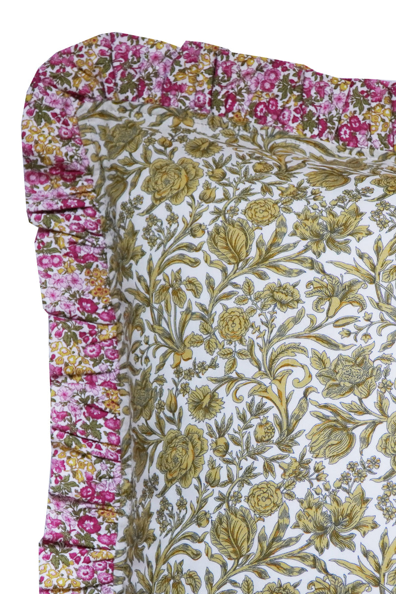 Gathered Edge Pillowcase made with Liberty Fabric PENSTEMON & SAMBOURNE YELLOW