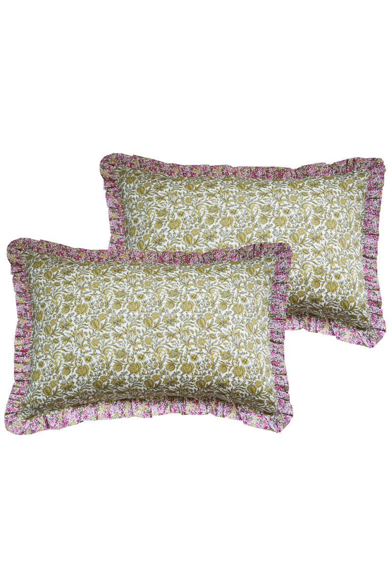 Gathered Edge Pillowcase made with Liberty Fabric PENSTEMON & SAMBOURNE YELLOW