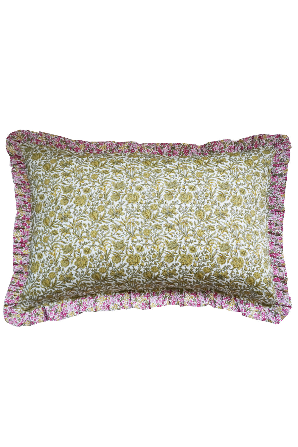 Gathered Edge Pillowcase made with Liberty Fabric PENSTEMON & SAMBOURNE YELLOW