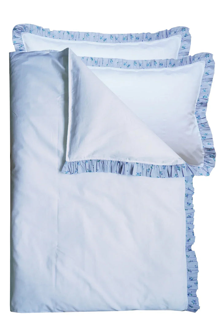 Frill-Edge White Duvet Set made with Liberty Fabrics & Bridgerton POSY CORSAGE BLUE