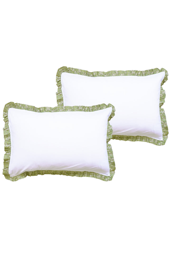 Frill Edge White Pillowcase made with Liberty Fabric CAPEL PISTACHIO