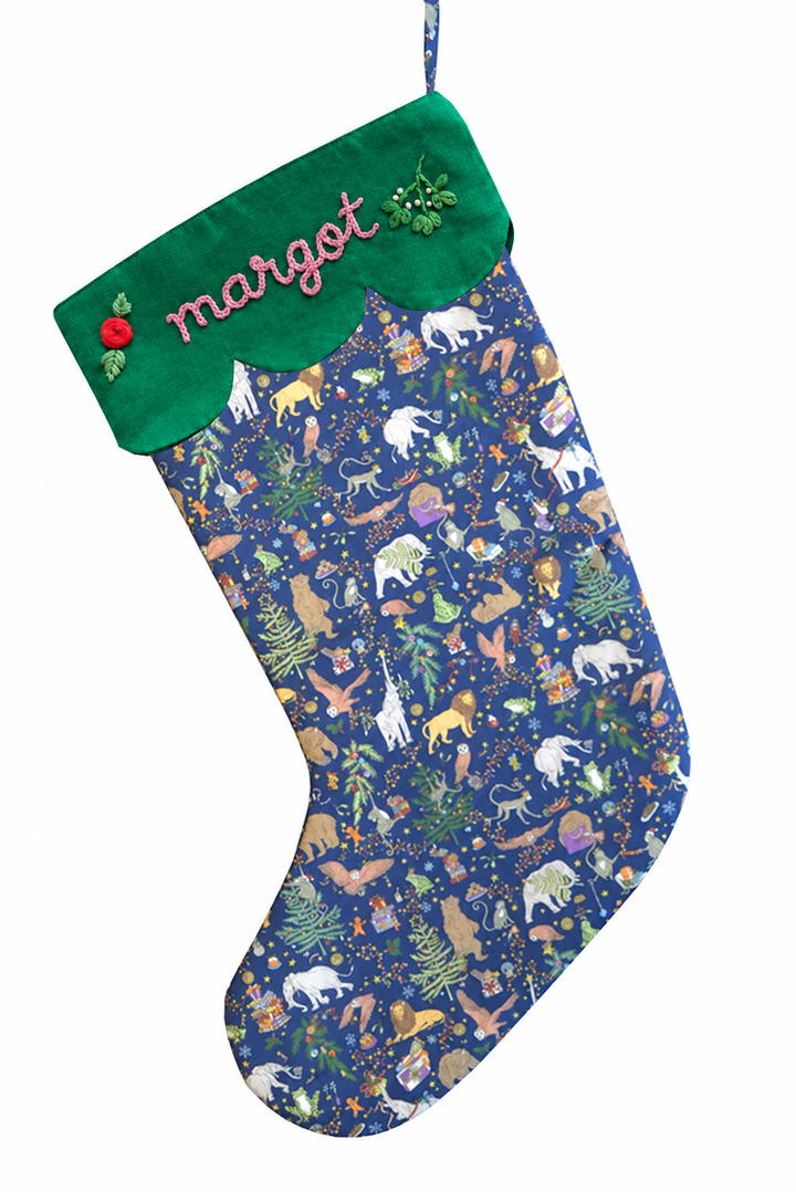 Coco & Wolf x Polly Wren Studios Embroidered Christmas Stocking made with Liberty Fabric CHRISTMAS