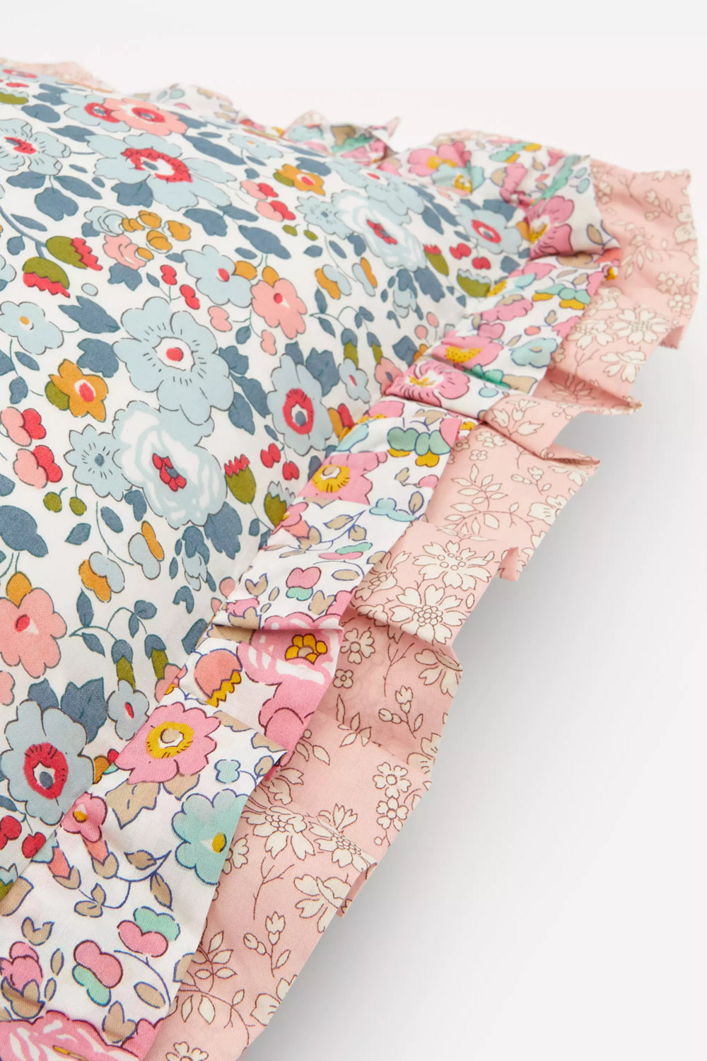 Double Ruffle Cushion made with Liberty Fabric BETSY GREY & PINK