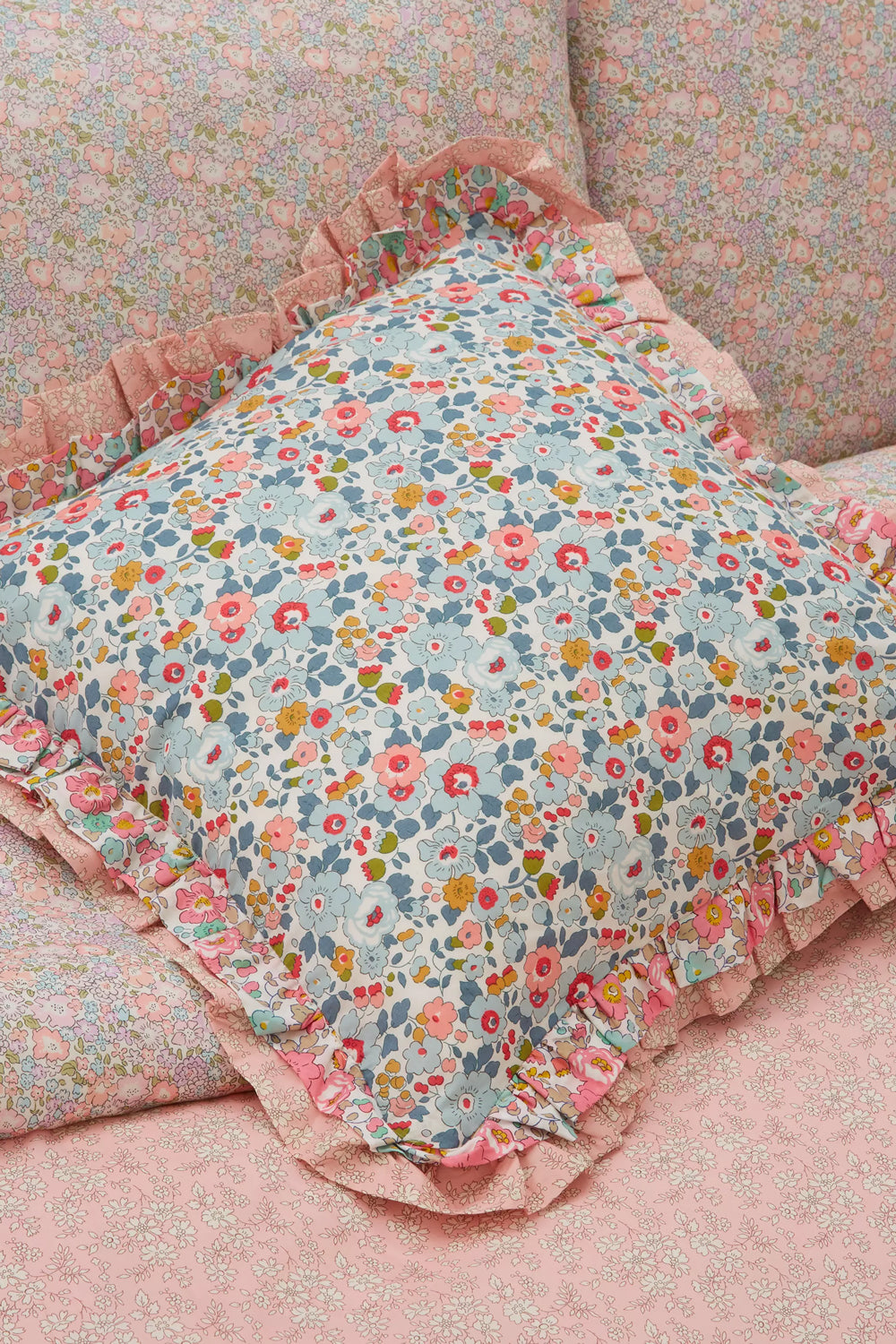 Double Ruffle Cushion made with Liberty Fabric BETSY GREY & PINK