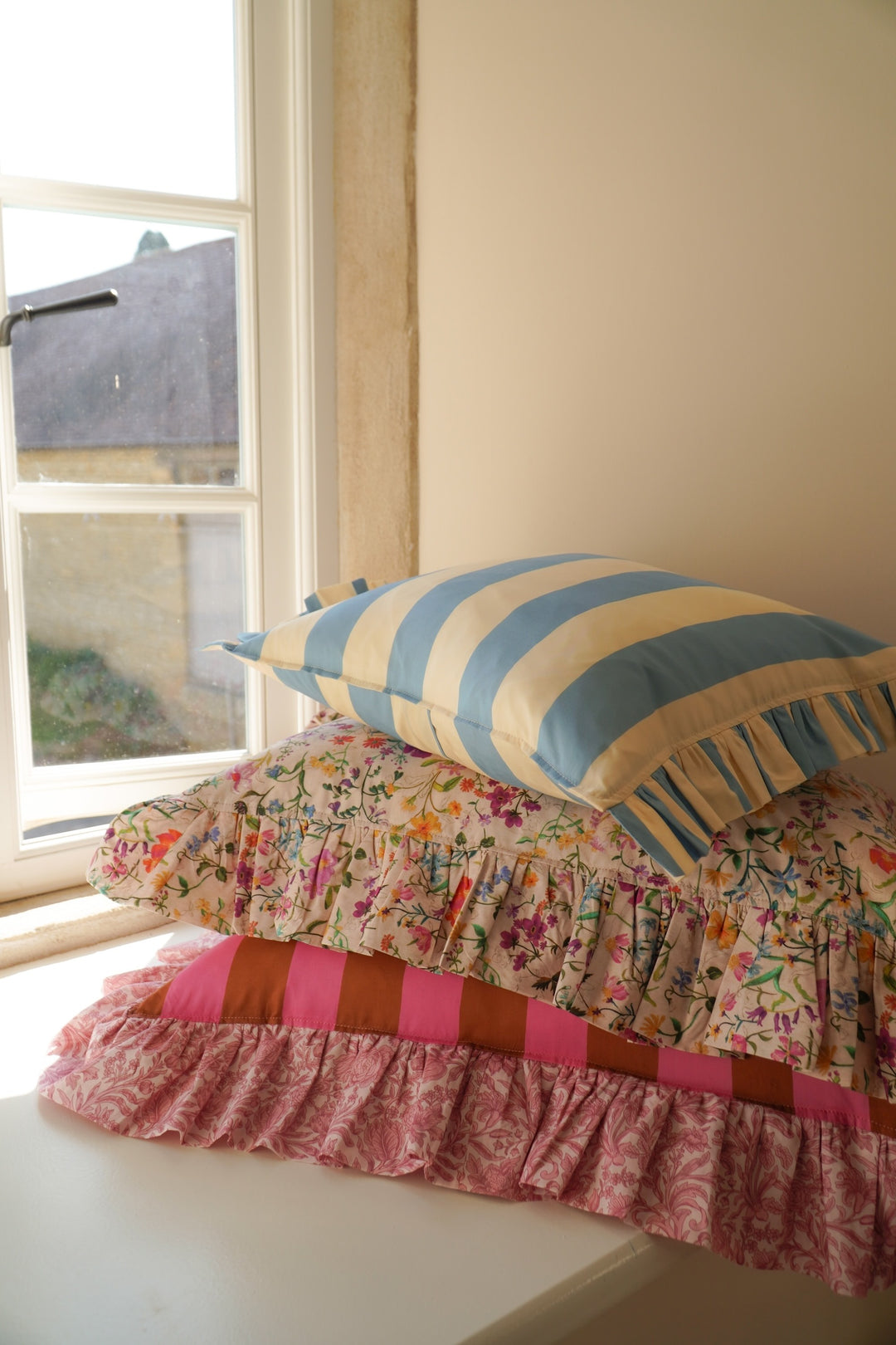 Oblong Ruffle Cushion made with Liberty Fabric VACATION STRIPE & SAMBOURNE
