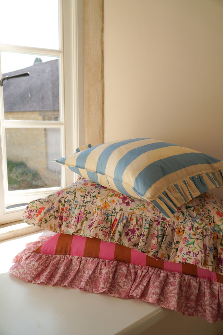 Oblong Ruffle Cushion made with Liberty Fabric VACATION STRIPE & SAMBOURNE