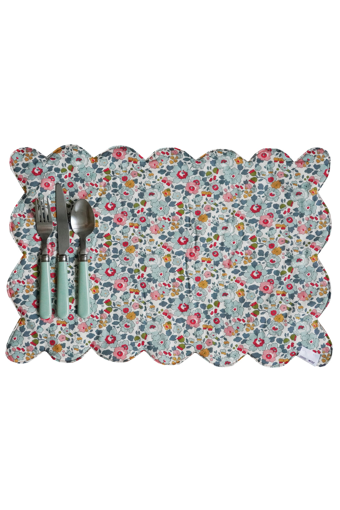 Reversible Scalloped Placemat made with Liberty Fabric BETSY GREY & CAPEL MUSTARD