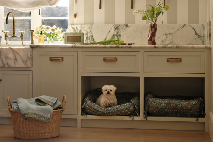Square Tie-Corner Pet Bed made with Liberty Fabric STRAWBERRY THIEF
