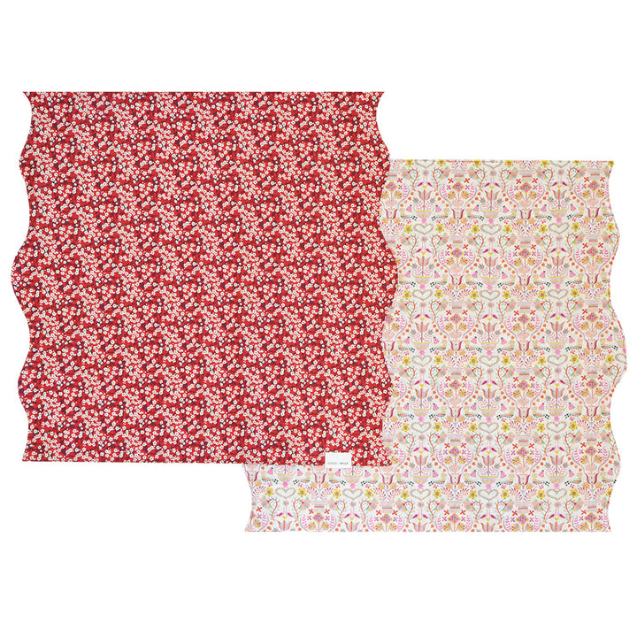 Reversible Wavy Napkin Set made with Liberty Fabric LOVE BIRDS & MITSI VALERIA RED