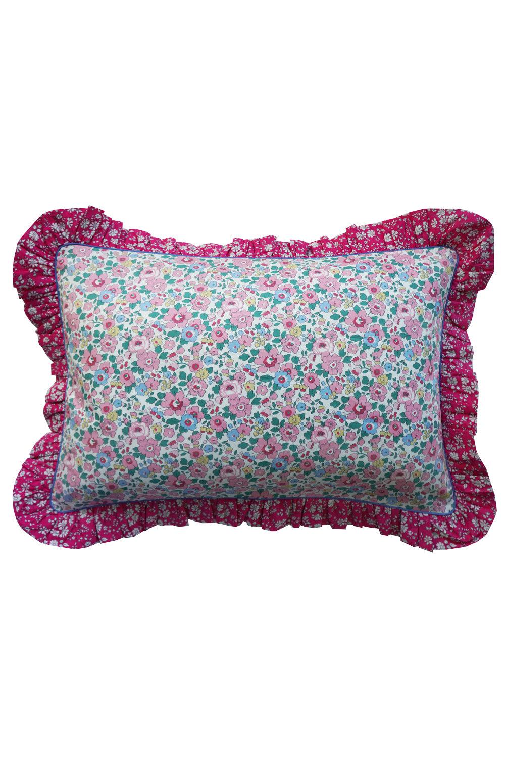 Oblong Piped Ruffle Cushion made with Liberty Fabric BETSY CANDY FLOSS - Coco & Wolf
