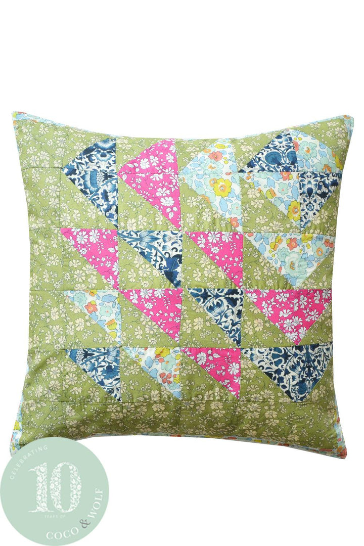 Patchwork Cushion made with Liberty Fabric Cape Pistachio, Lodden & Betsy Sage - Coco & Wolf