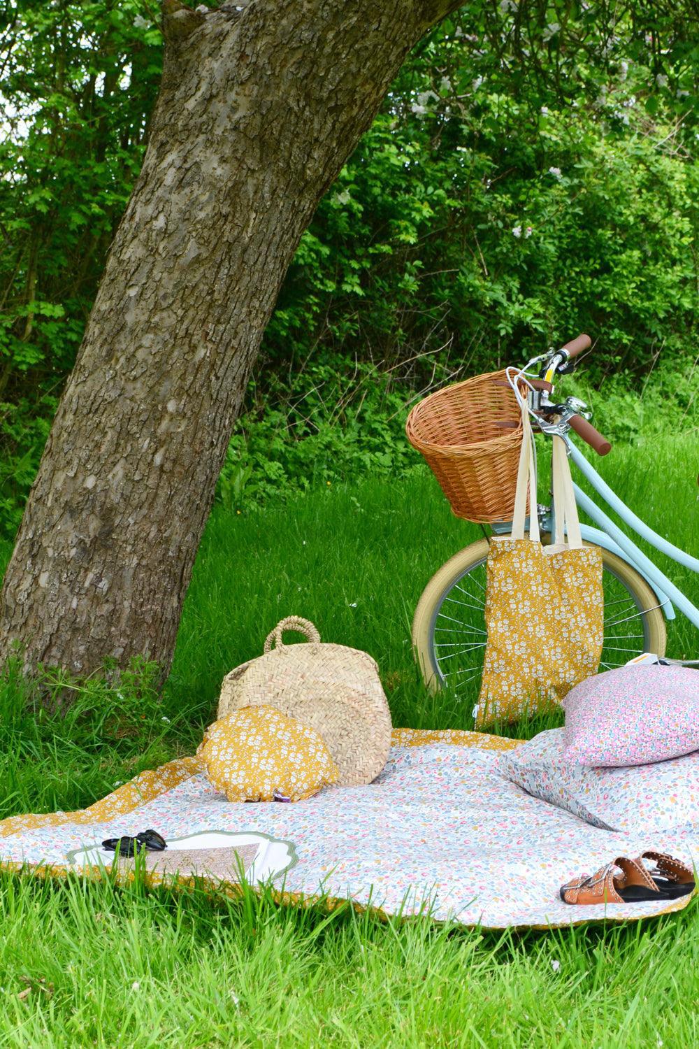 Picnic Blanket made with Liberty Fabric BETSY GREY & CAPEL MUSTARD - Coco & Wolf