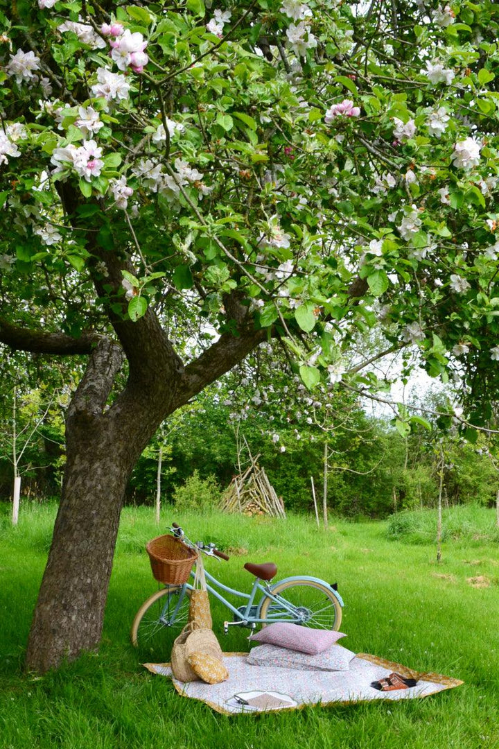 Picnic Blanket made with Liberty Fabric BETSY GREY & CAPEL MUSTARD - Coco & Wolf