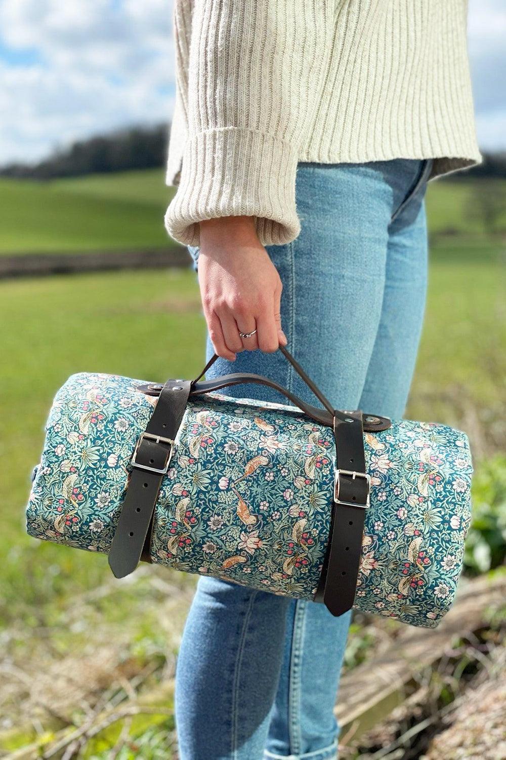 Picnic Blanket made with Liberty Fabric STRAWBERRY THIEF & CAPEL MUSTARD - Coco & Wolf