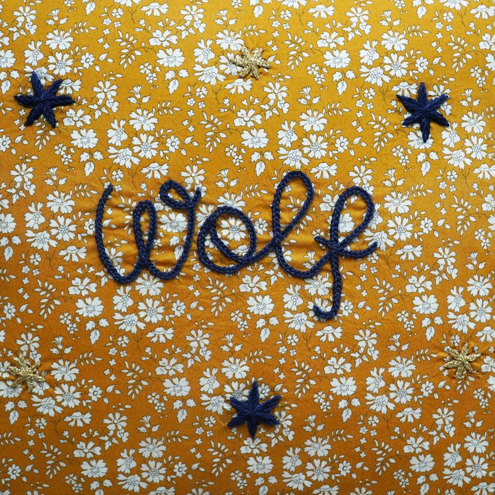 Coco & Wolf x Polly Wren Studios Embroidered Ruffle Cushion made with Liberty Fabric BETSY SAGE & FLORAL EVE