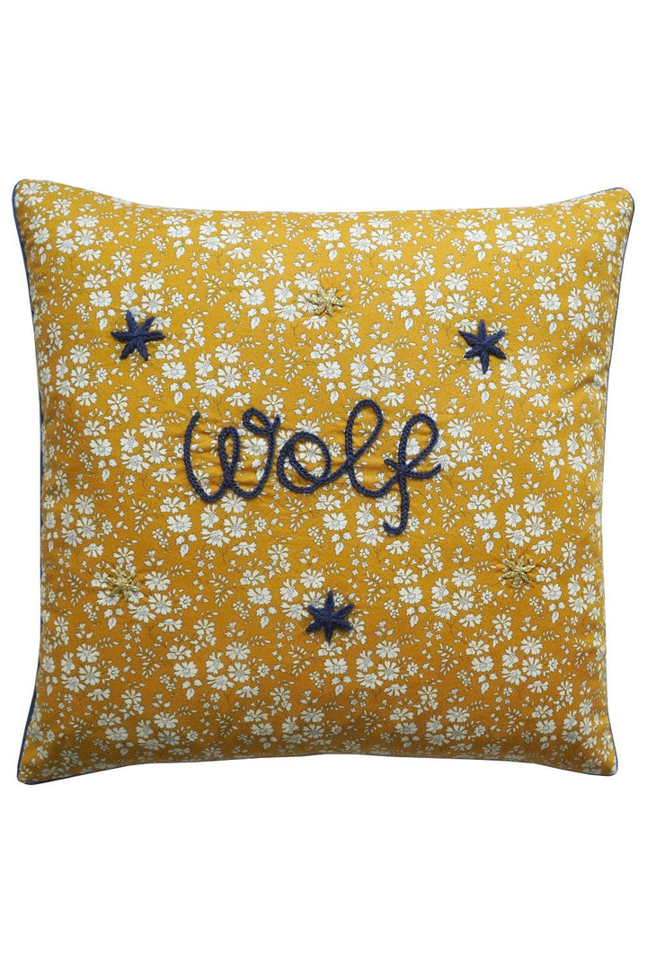 Coco & Wolf x Polly Wren Studios Embroidered Piped Edge Cushion made with Liberty Fabric CAPEL MUSTARD