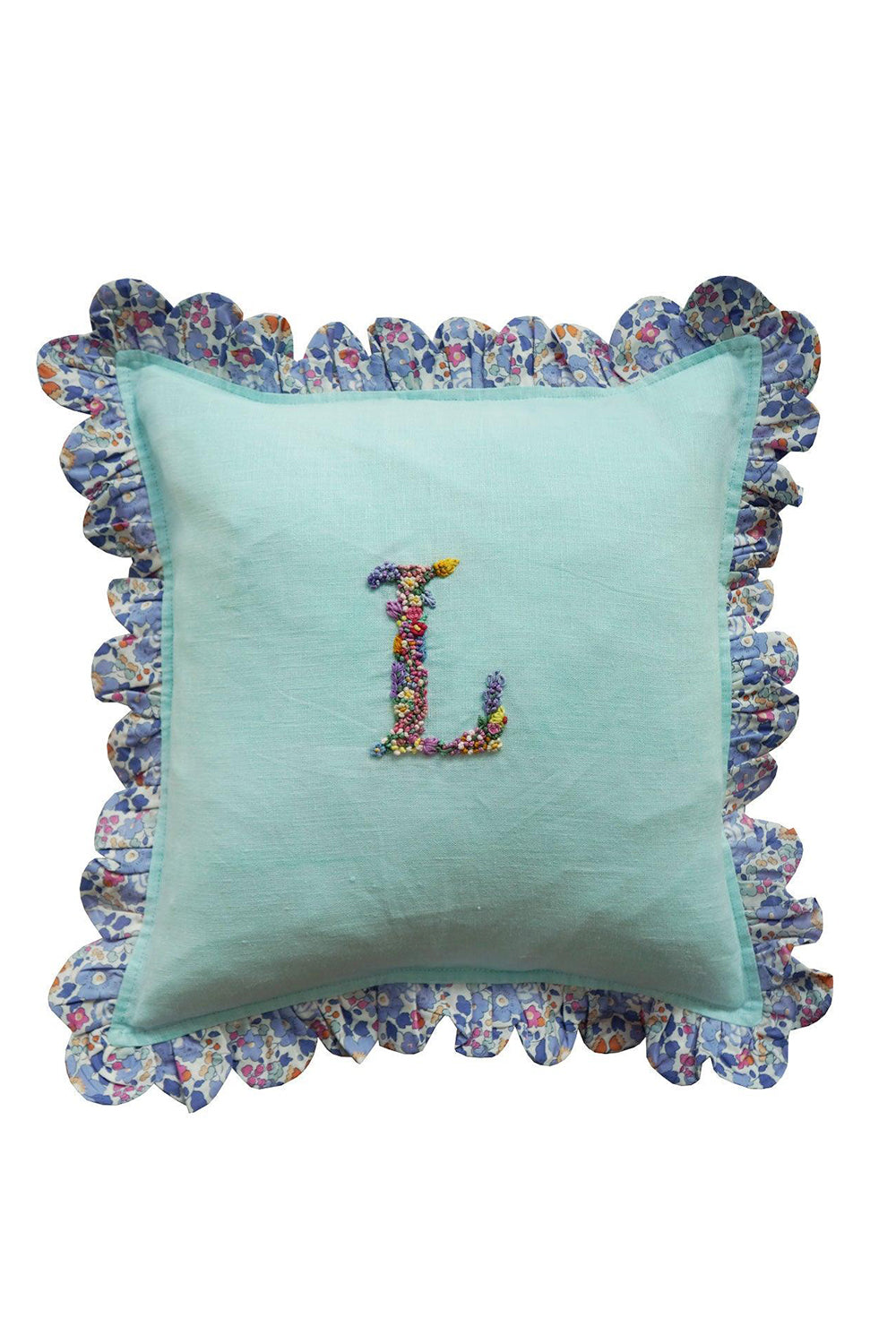 Coco & Wolf x Polly Wren Studios Embroidered Letter Scallop Edge Cushion made with Liberty Fabric BETSY