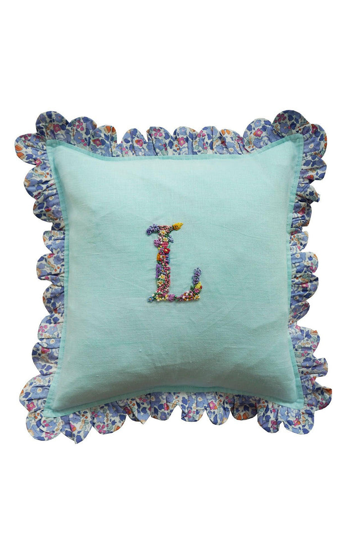 Coco & Wolf x Polly Wren Studios Embroidered Letter Scallop Edge Cushion made with Liberty Fabric BETSY