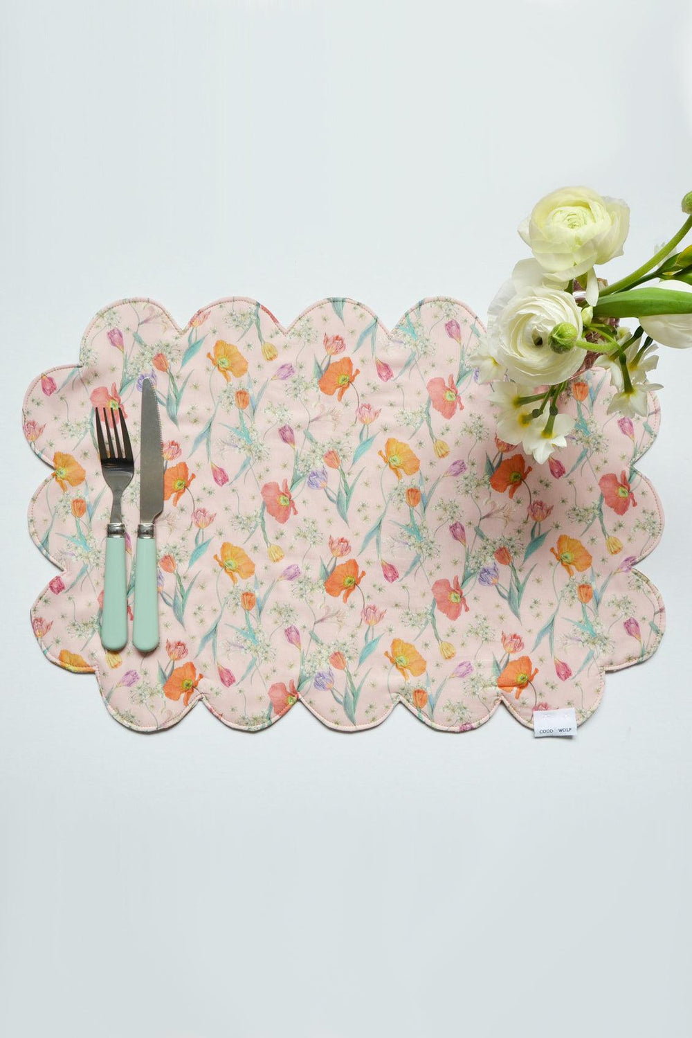 Reversible Cloud Scallop Placemat made with Liberty Fabric SPRING BLOOMS & BETSY BOO - Coco & Wolf