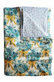Reversible Ruffle-Edge Bedspread made with Liberty Fabrics & Bridgerton BOW BOUQUET GOLD & POSY CORSAGE BLUE