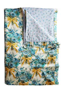 Reversible Ruffle-Edge Bedspread made with Liberty Fabrics & Bridgerton BOW BOUQUET GOLD & POSY CORSAGE BLUE