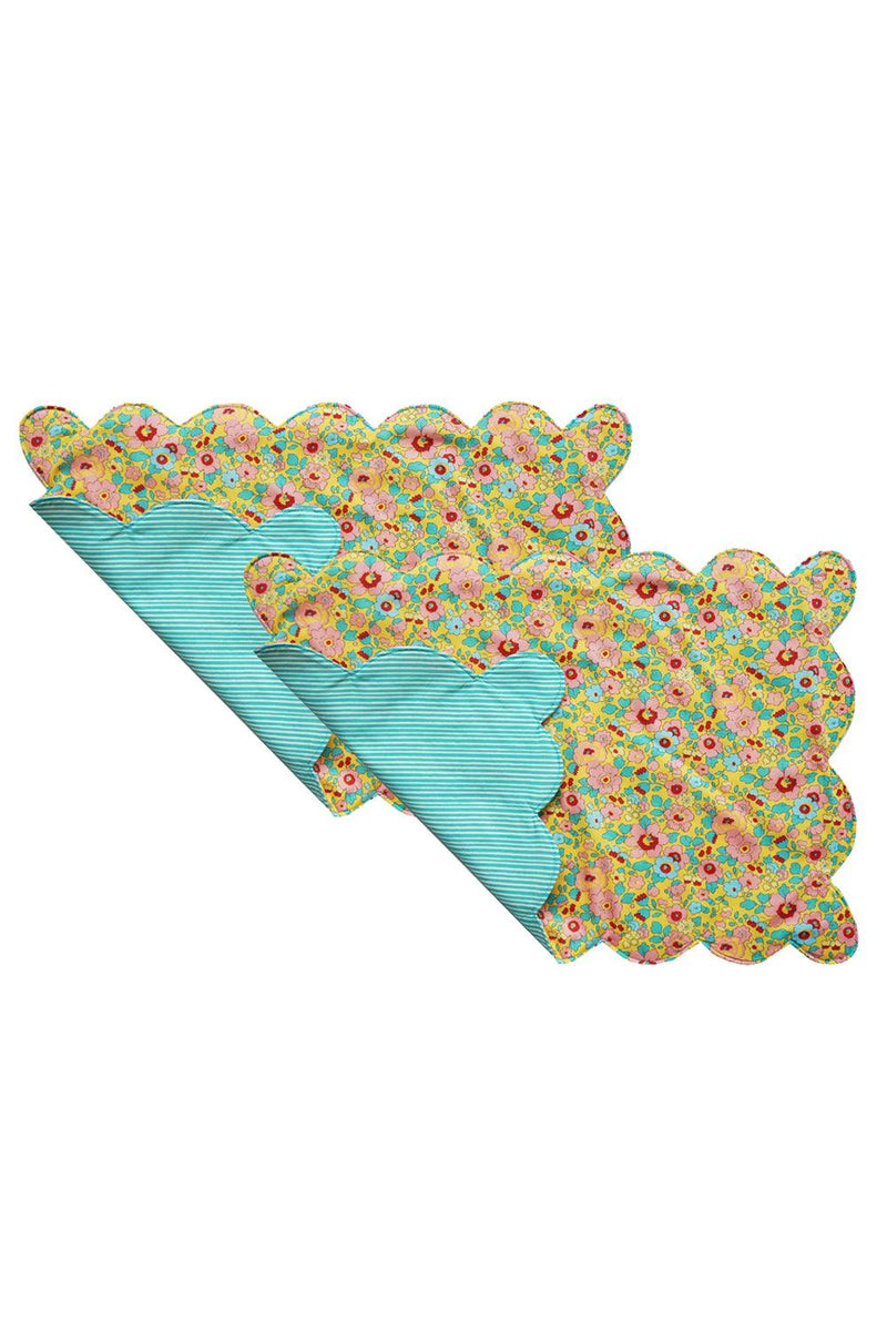 Reversible Scalloped Placemat made with Liberty Fabric BETSY SUNFLOWER & ELEMENTS GREEN - Coco & Wolf
