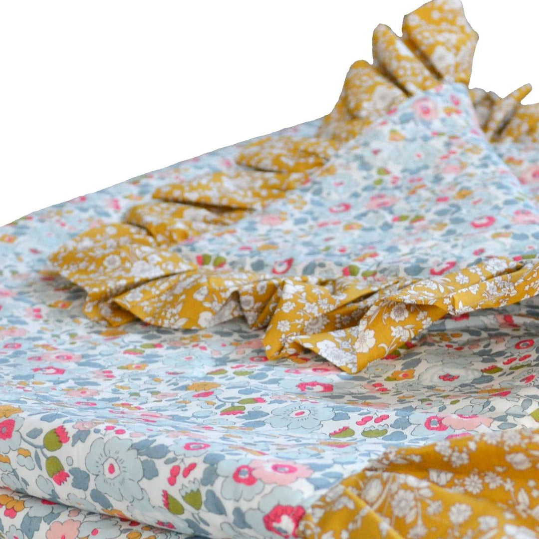 Ruffle Bedspread made with Liberty Fabric BETSY GREY & CAPEL MUSTARD - Coco & Wolf