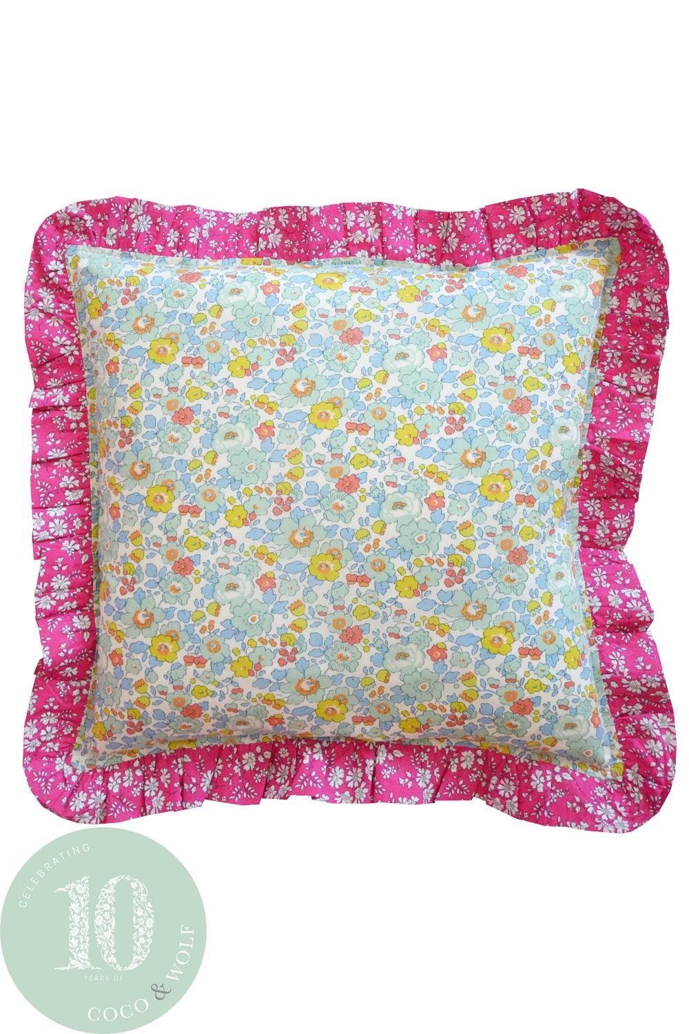 Ruffle Cushion made with Liberty Fabric BETSY SAGE & CAPEL FUCHSIA - Coco & Wolf