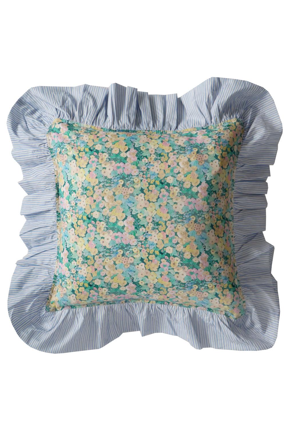 Ruffle Cushion made with Liberty Fabric HOLLYHOCKS & ELEMENTS BLUE - Coco & Wolf