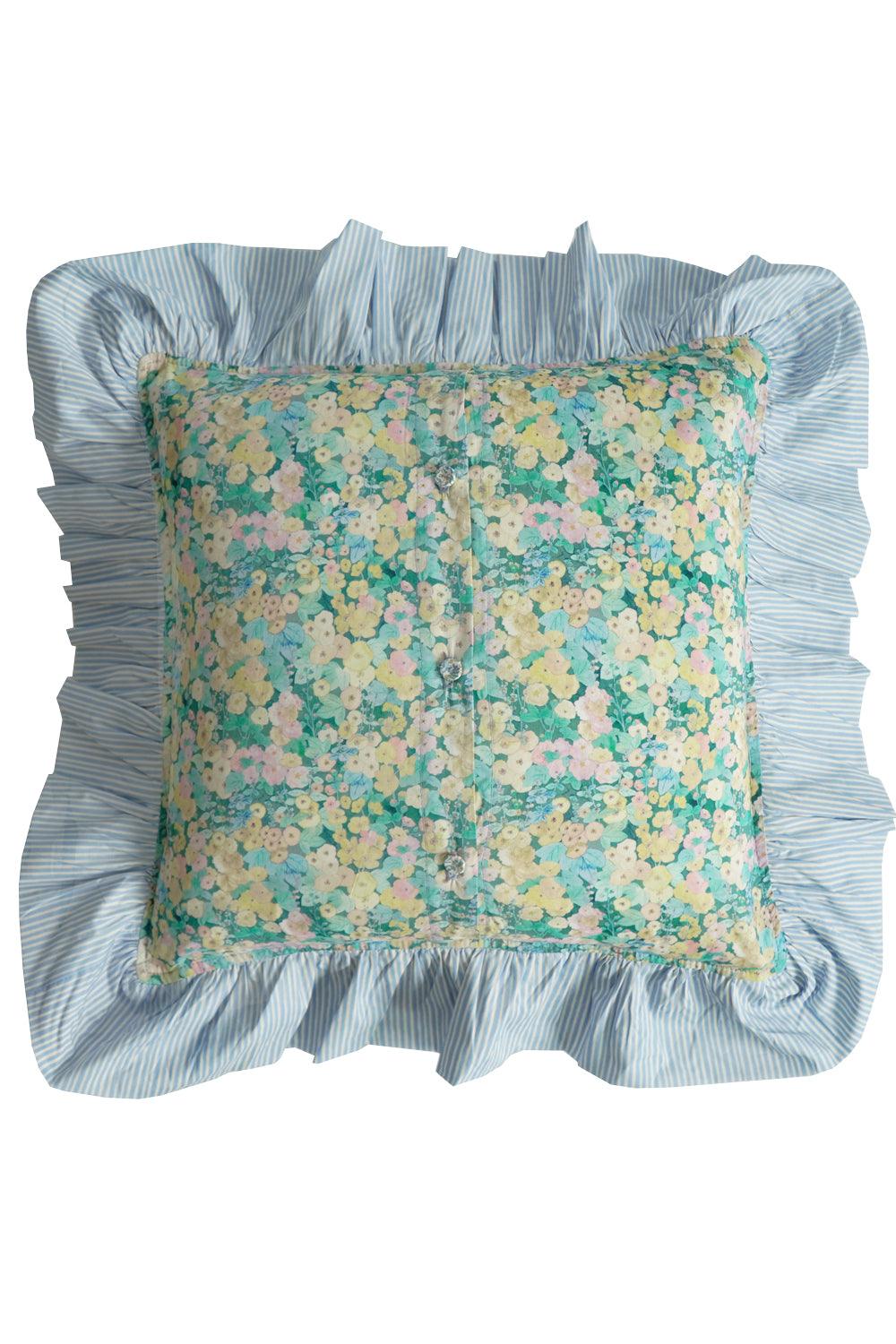 Ruffle Cushion made with Liberty Fabric HOLLYHOCKS & ELEMENTS BLUE - Coco & Wolf