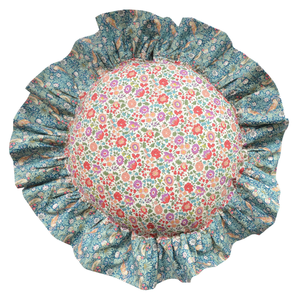 Round Ruffle Cushion made with Liberty Fabric STRAWBERRY THIEF & D'ANJO - Coco & Wolf