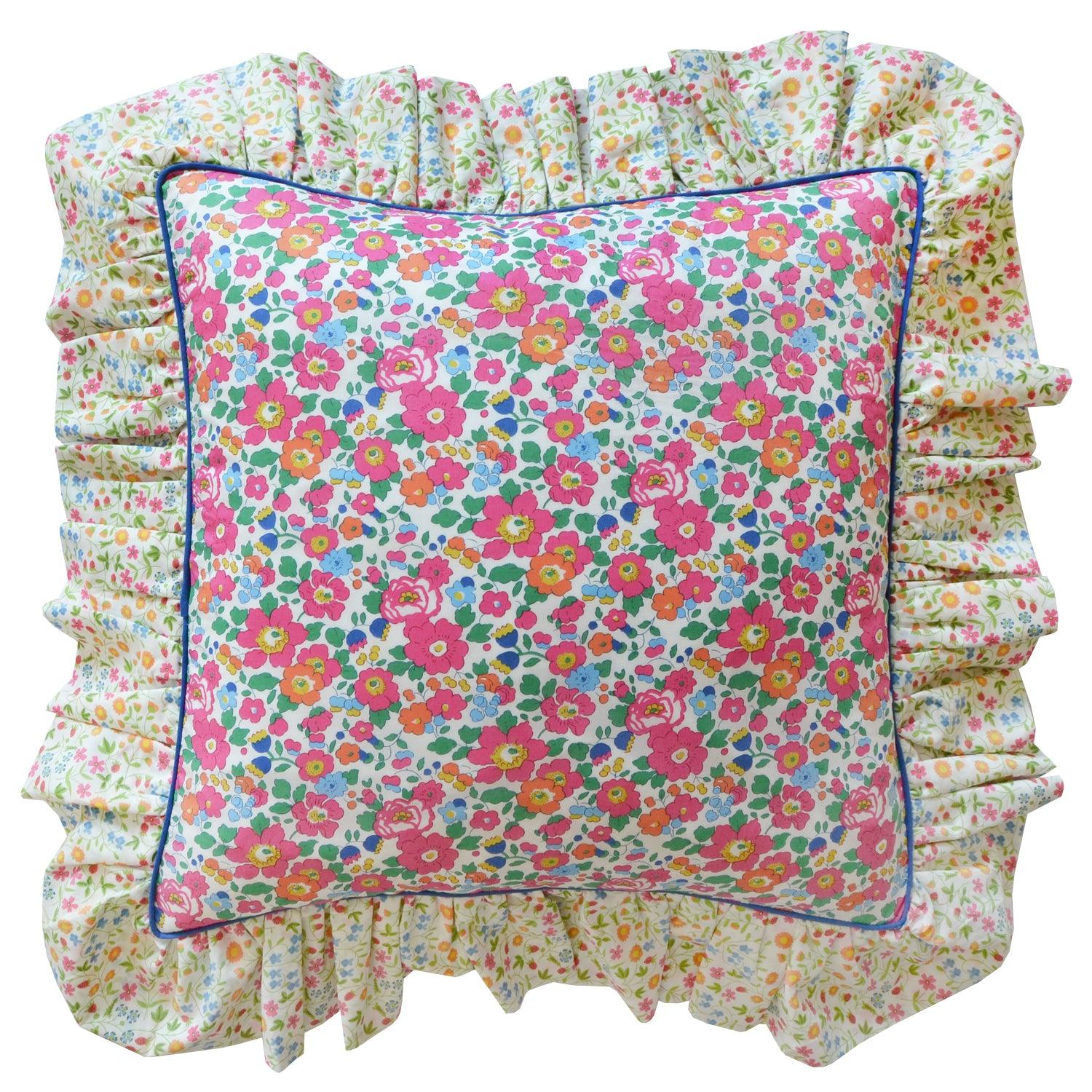 Ruffle Piped Cushion made with Liberty Fabric BETSY DEEP PINK & LITTLE MIRABELLE - Coco & Wolf