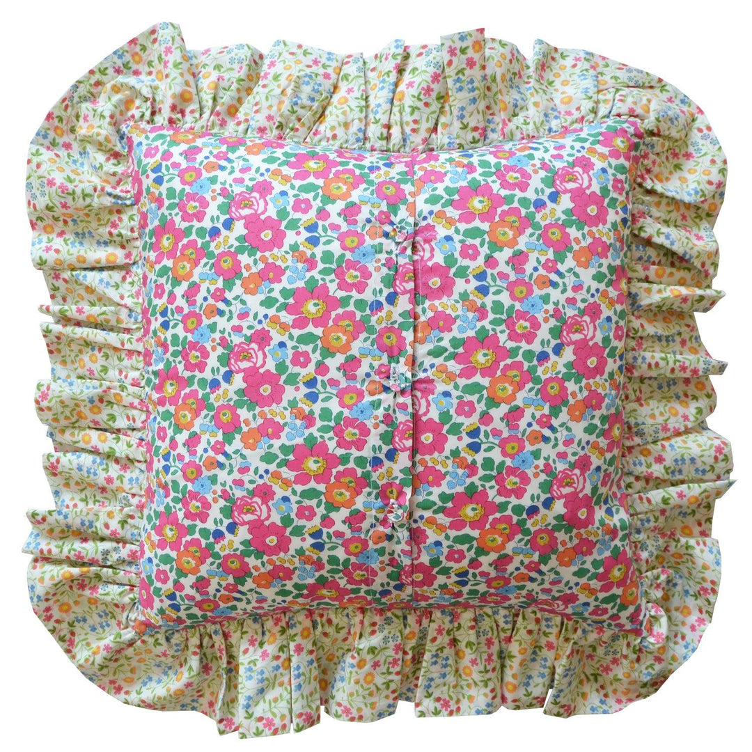 Piped Ruffle Cushion made with Liberty Fabric BETSY DEEP PINK & LITTLE MIRABELLE - Coco & Wolf