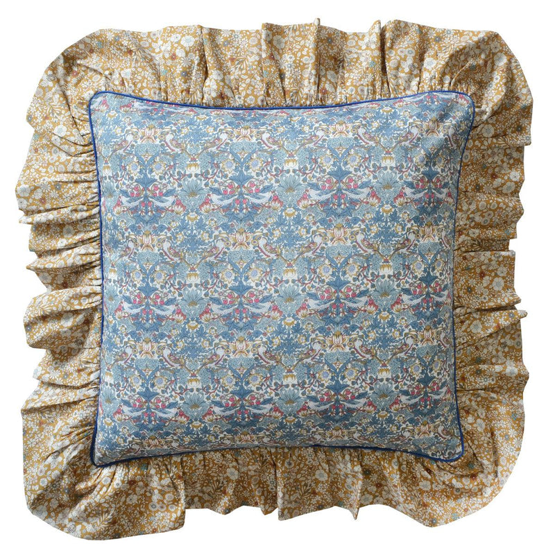 Piped Ruffle Cushion made with Liberty Fabric STRAWBERRY THIEF SPRING & JUNE'S MEADOW - Coco & Wolf